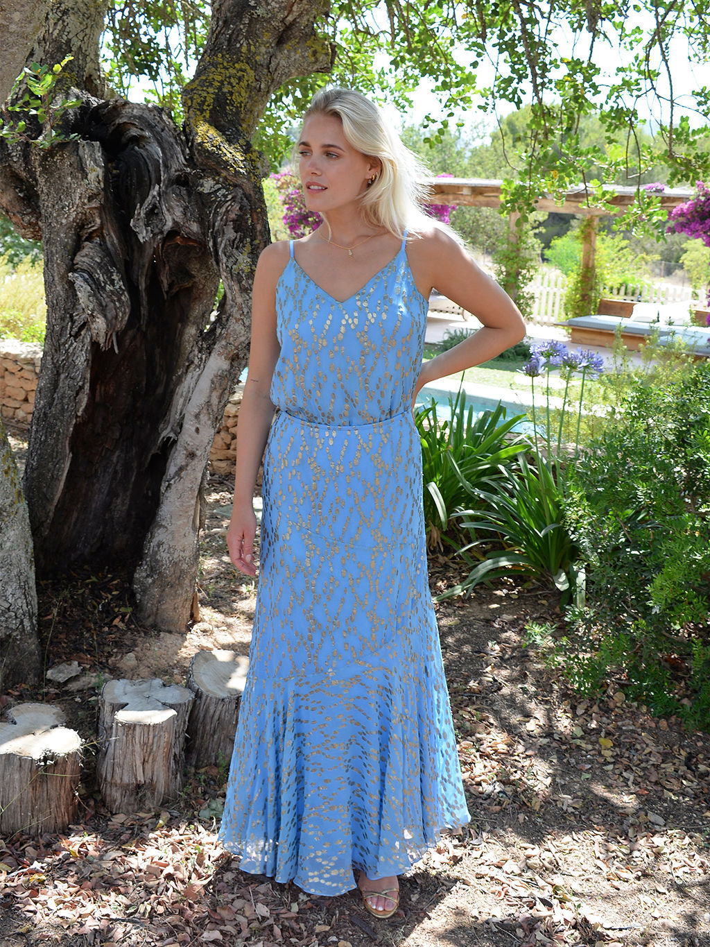 Stardust Flora Skirt in Blue with Gold Metallic Spots – Eva Lucia