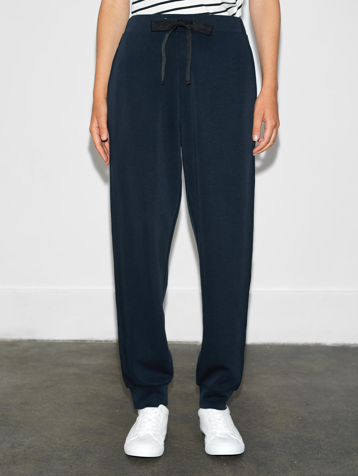 French Connection Wren Side Trim Tie Waist Trousers in Navy Black - 74RZL
