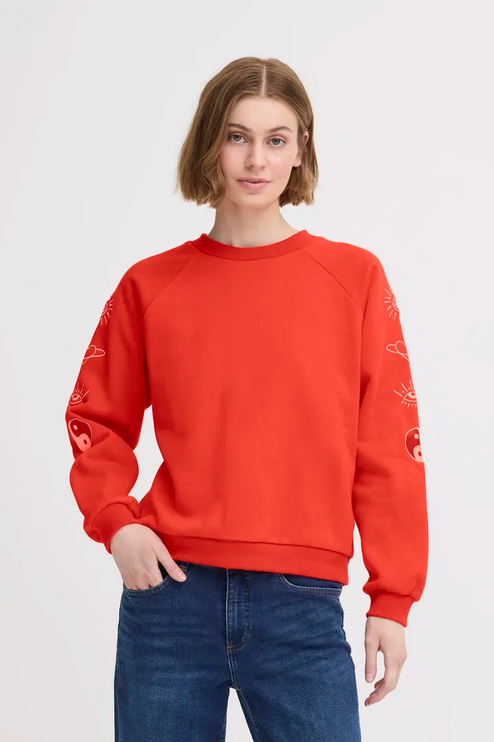Ichi Lela Sweatshirt, Brch Embroi, Red, EvaLucia Boutique, Perth