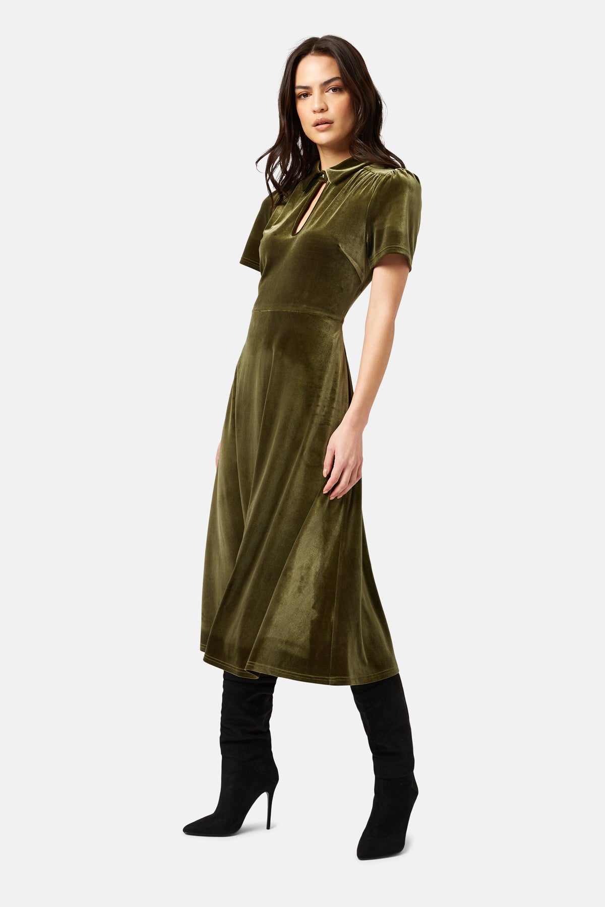 Traffic People Never Say Goodbye Peep Midi Velvet Dress-Green-NSG12545018