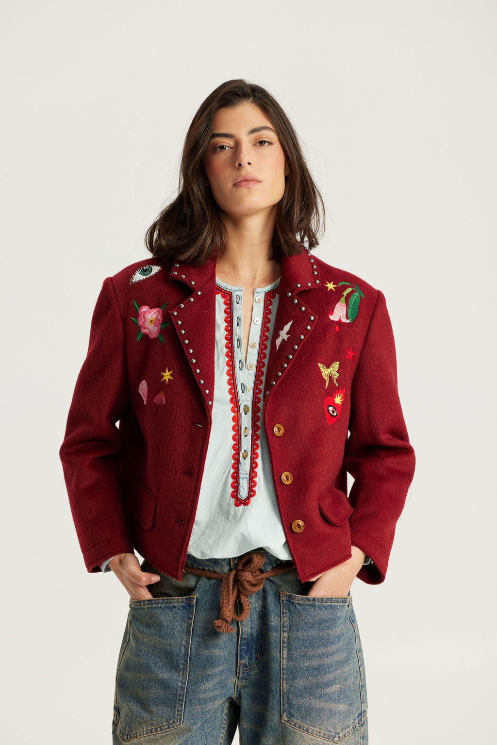 Me369 Heven Short Embroidered Jacket in Bordo