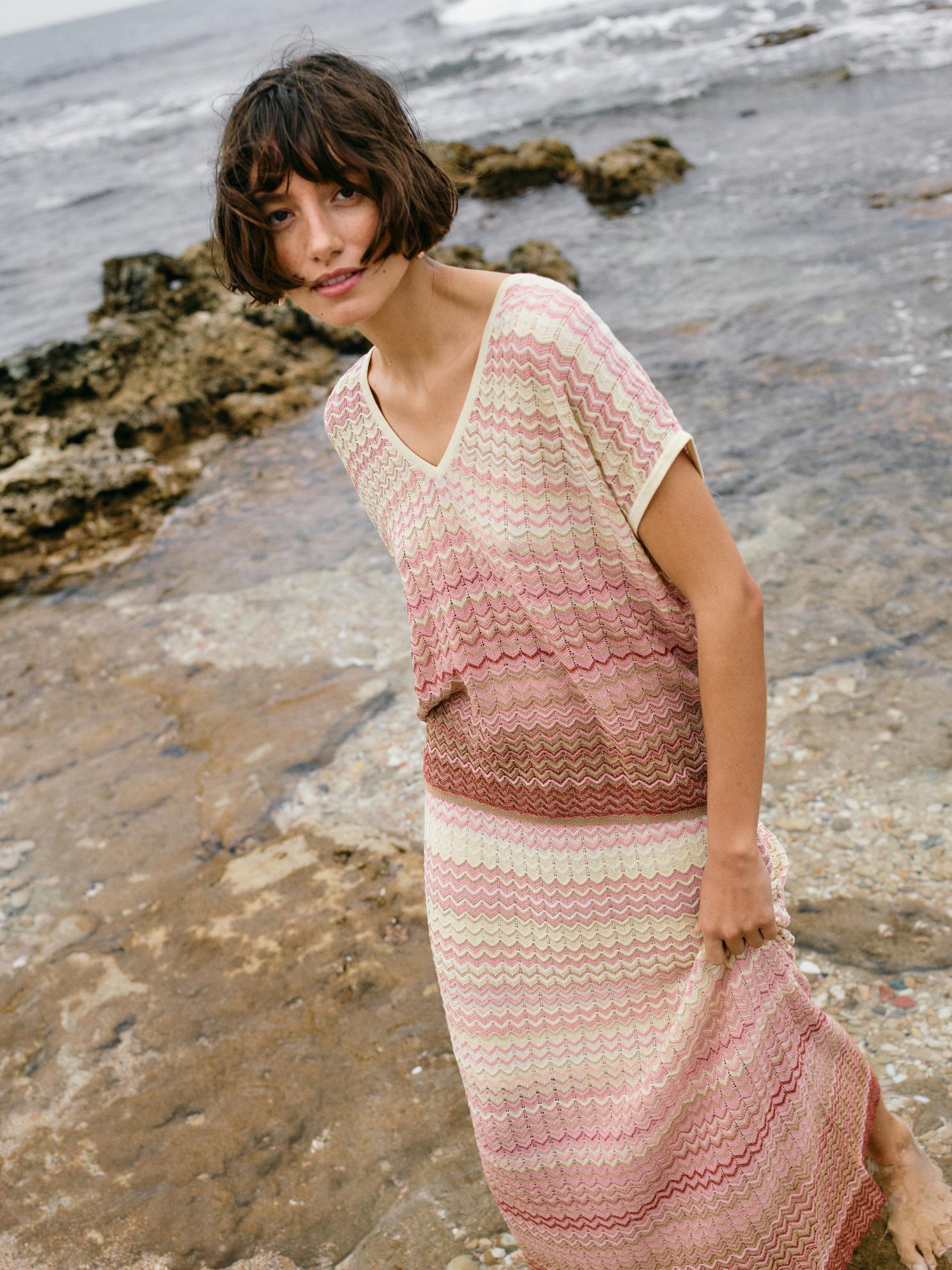 Mos Mosh Shani Zig-Zag V Neck Knit in Powder Pink - 170730