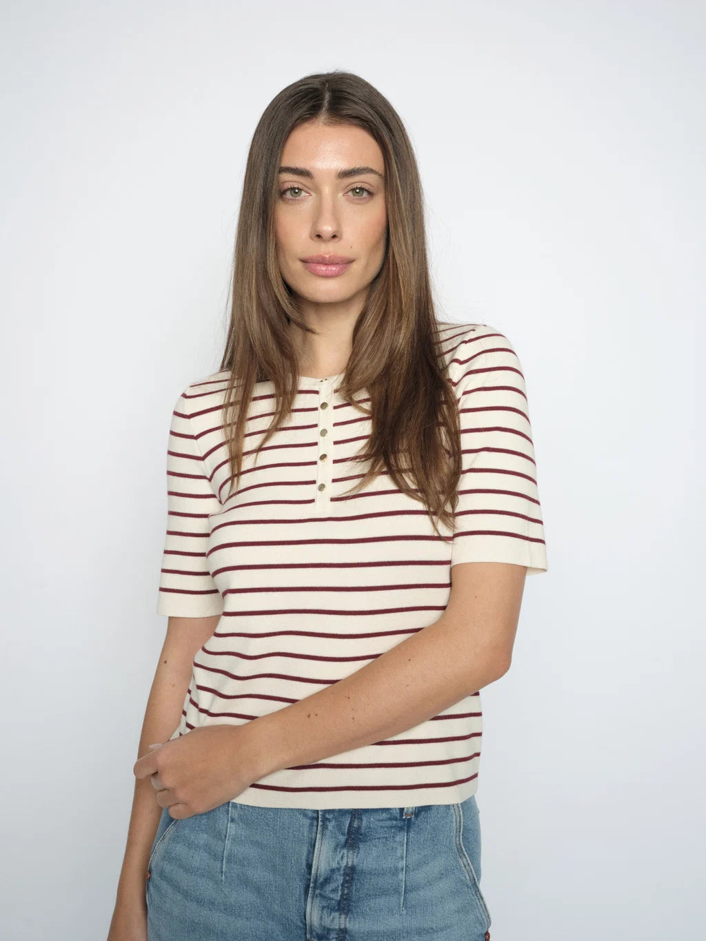 Mos Mosh - Aliz Caliz Stripe Short Sleeve Knit in Cabernet
