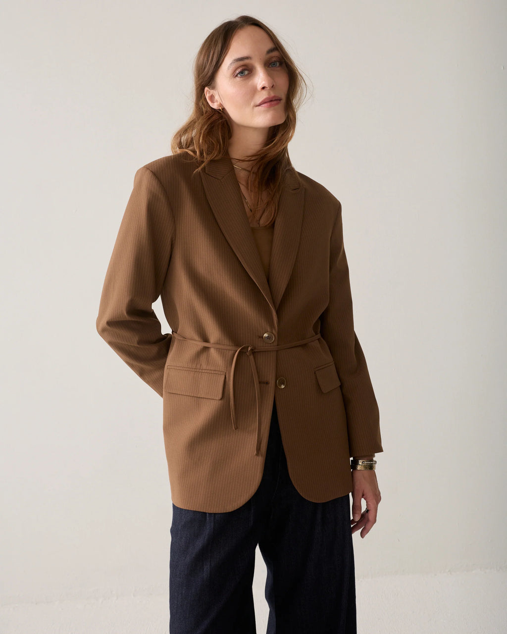 Summum Woman Pinstripe Blazer in Sepia Brown
