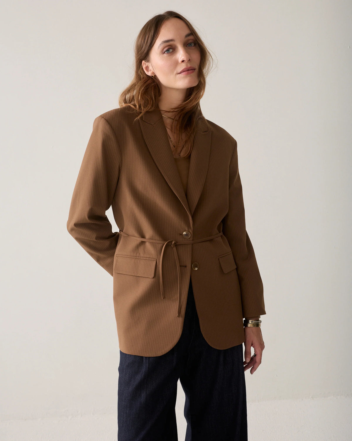 Summum Woman Pinstripe Blazer in Sepia Brown
