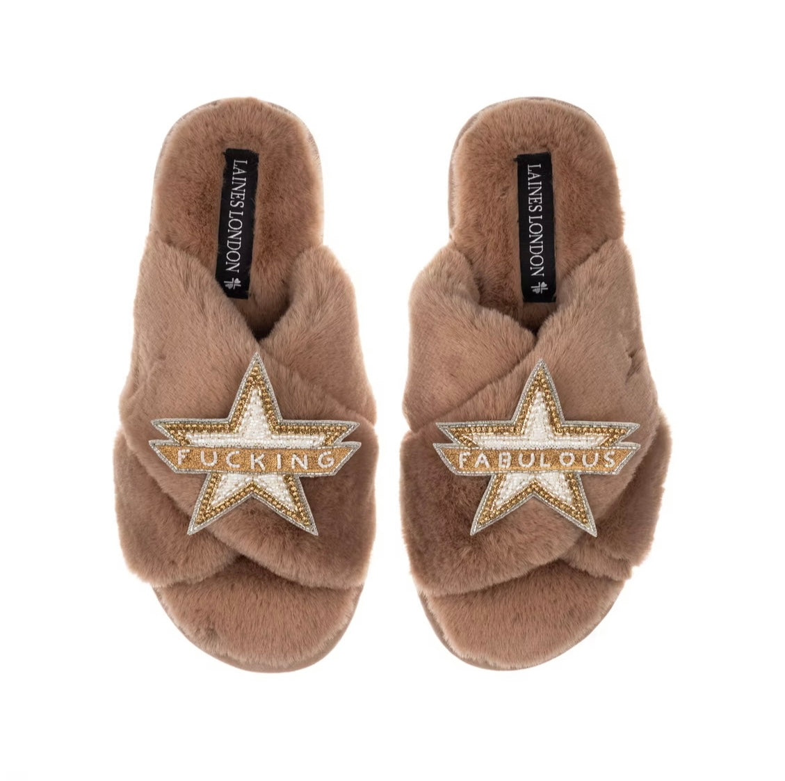 Laines London Classic Slippers With F*cking Fabulous Brooches in Caramel