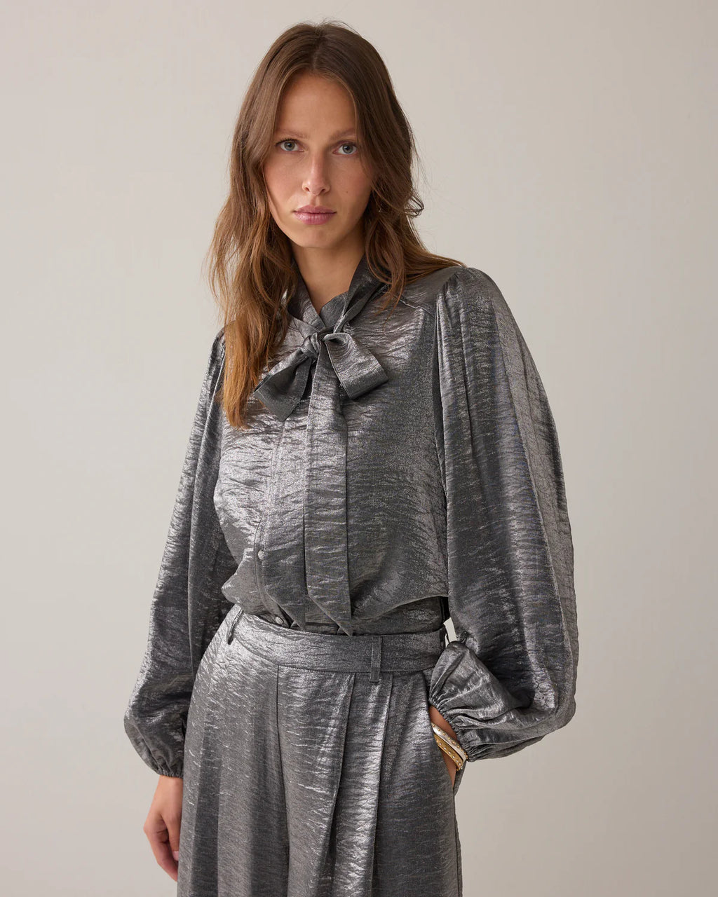 Summum Woman Metallic Shine Blouse in Mid Grey - 2s3375-12326