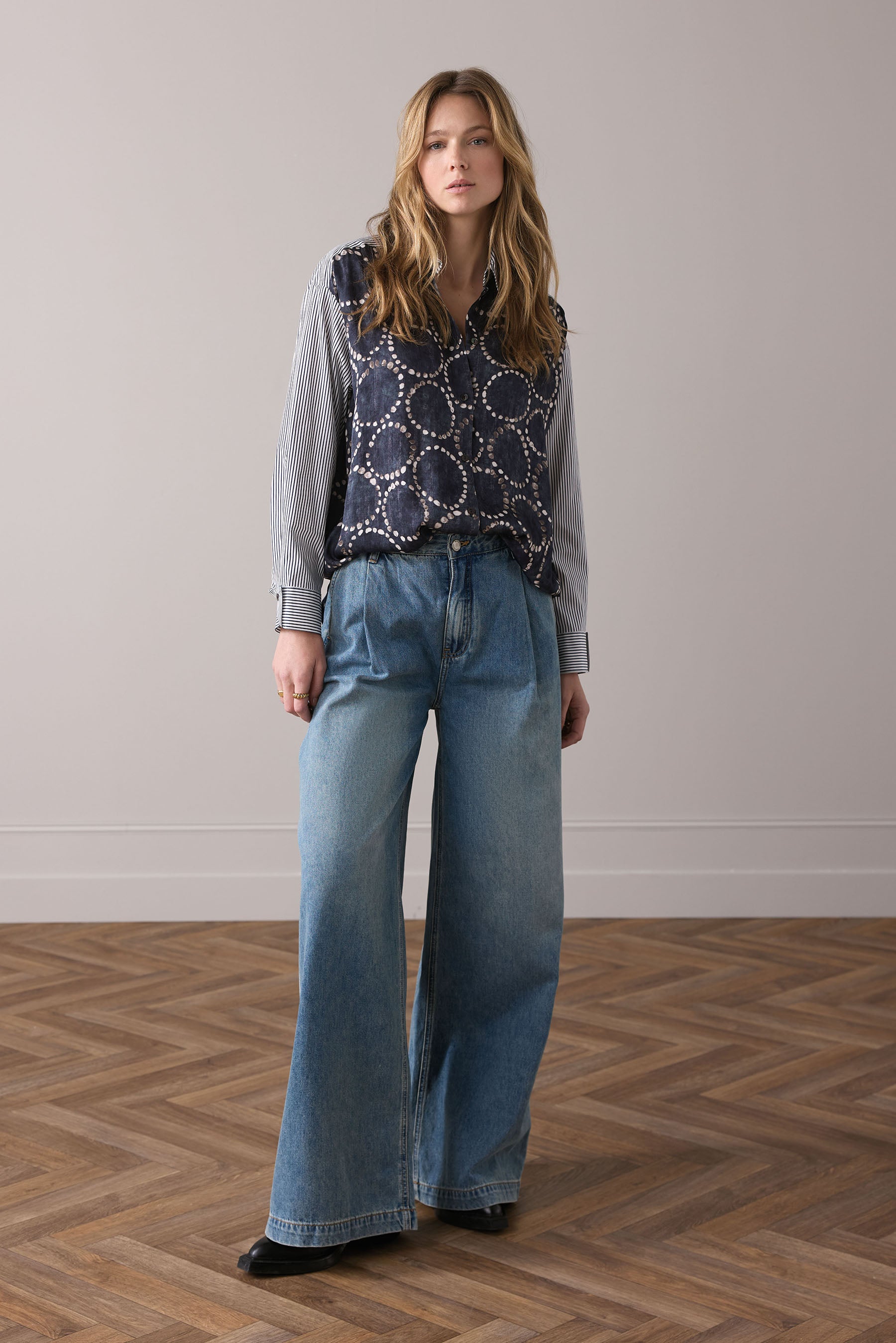 Summum Woman Navy, Midnight Blue Stripped All Over Print Blouse, EvaLucia Boutique, Perth, Scotland