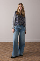 Summum Woman Navy, Midnight Blue Stripped All Over Print Blouse, EvaLucia Boutique, Perth, Scotland