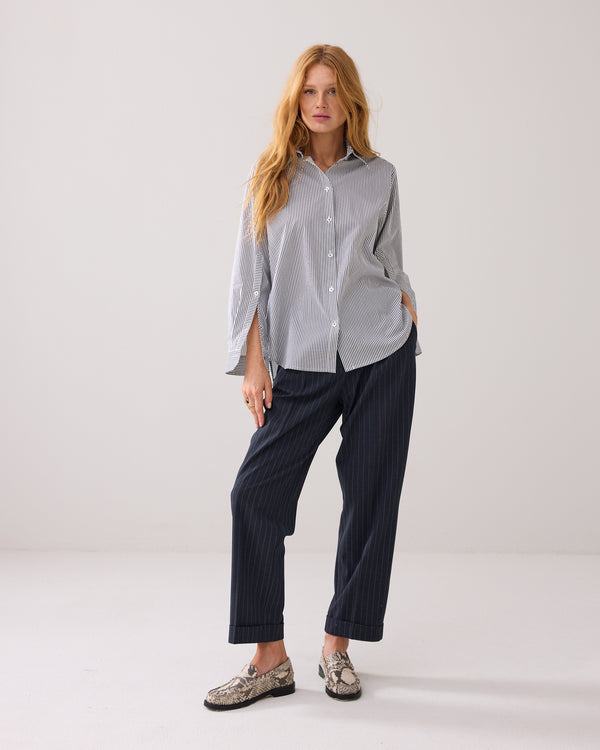 Summum Woman Navy, Midnight Blue, Pinstripe Shirt, Blouse, Long Sleeved, EvaLucia Boutique, Perth, Scotland
