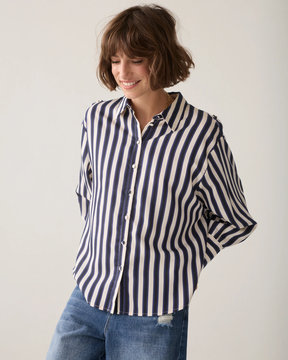 Summum Woman Satin Striped Blouse in Midnight Blue