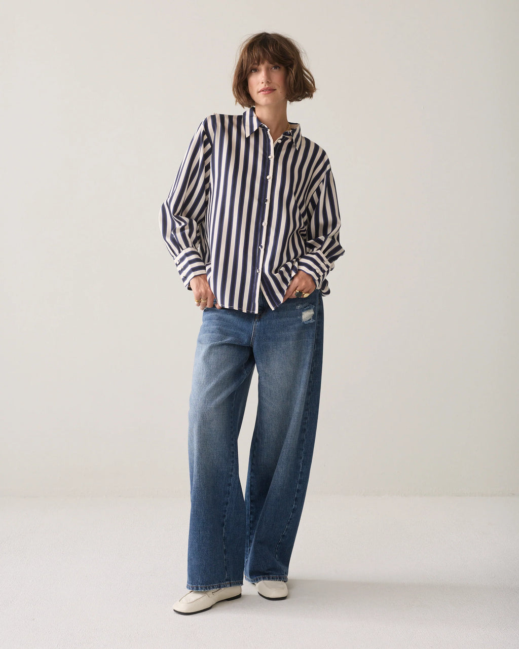 Summum Woman Satin Striped Blouse in Midnight Blue
