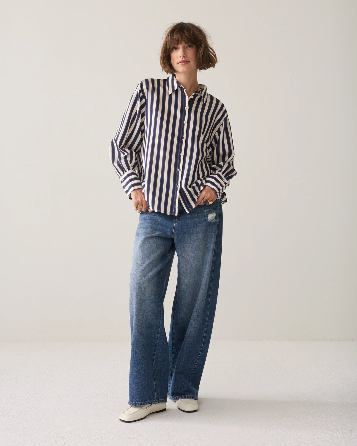 Summum Woman Satin Striped Blouse in Midnight Blue