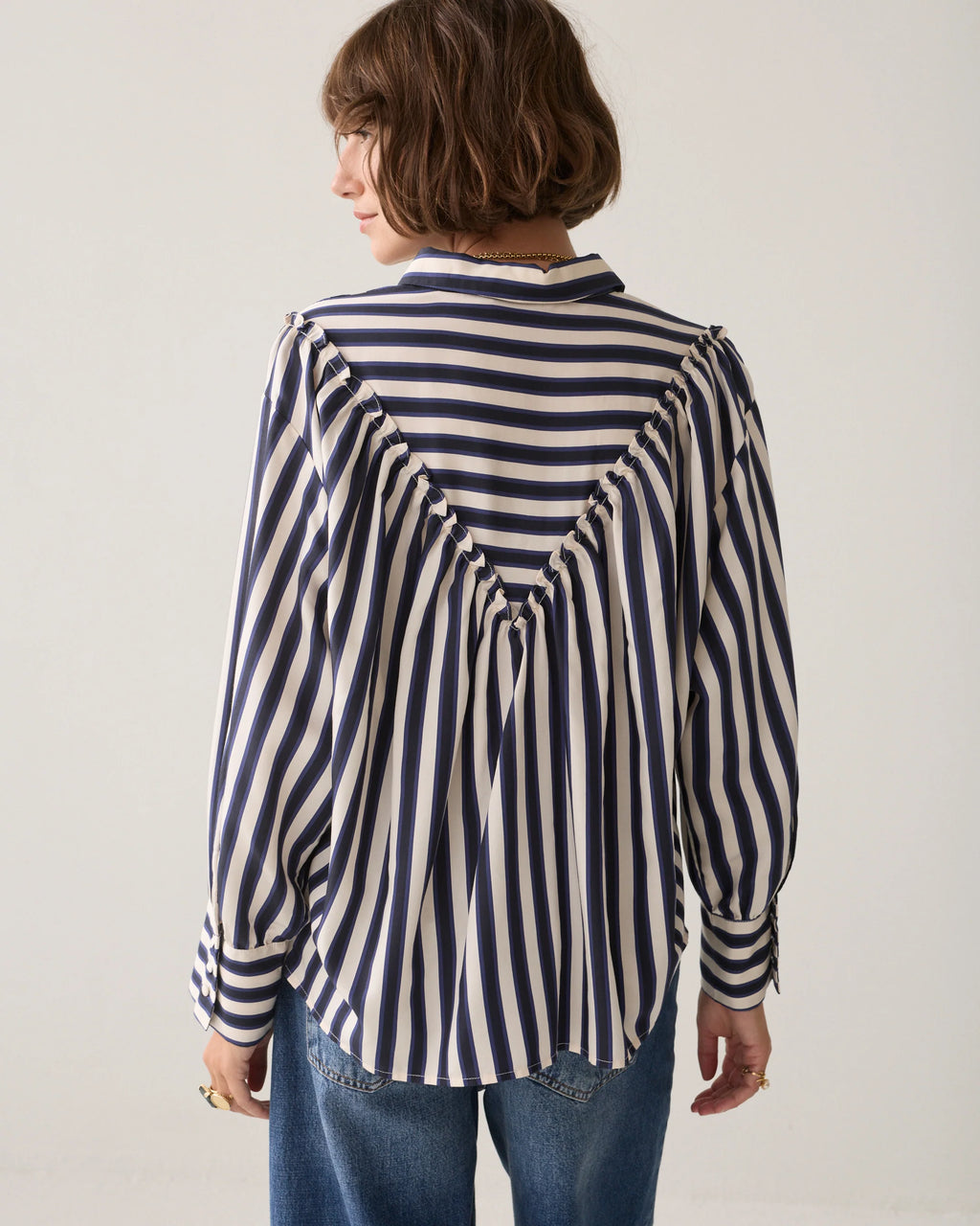 Summum Woman Satin Striped Blouse in Midnight Blue