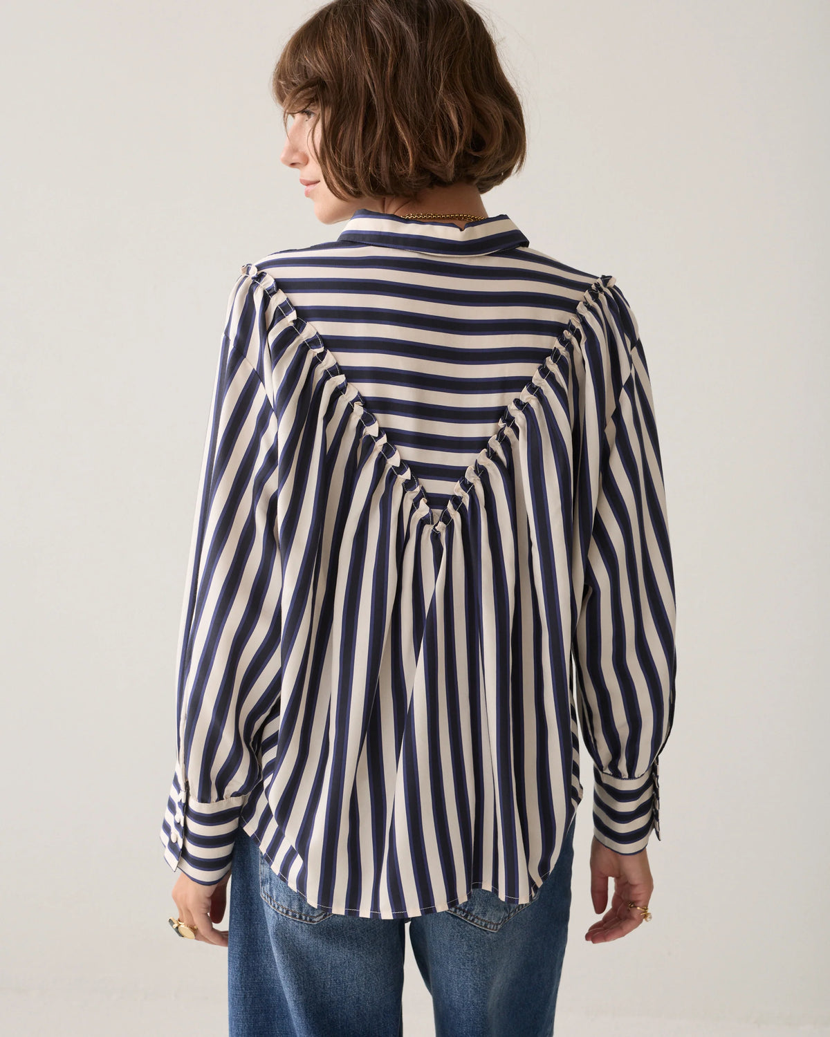 Summum Woman Satin Striped Blouse in Midnight Blue