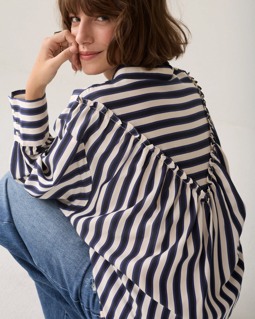 Summum Woman Satin Striped Blouse in Midnight Blue