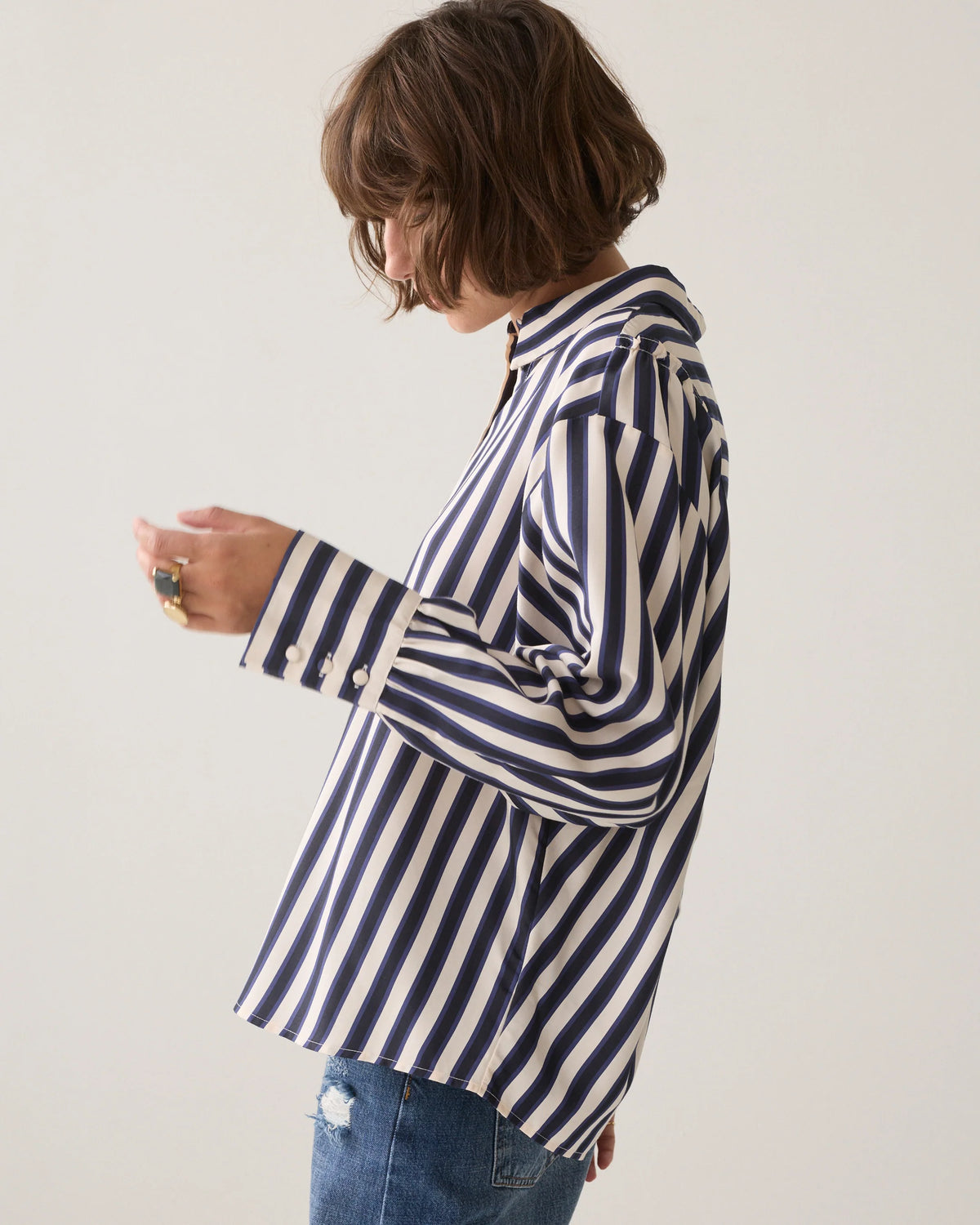 Summum Woman Satin Striped Blouse in Midnight Blue