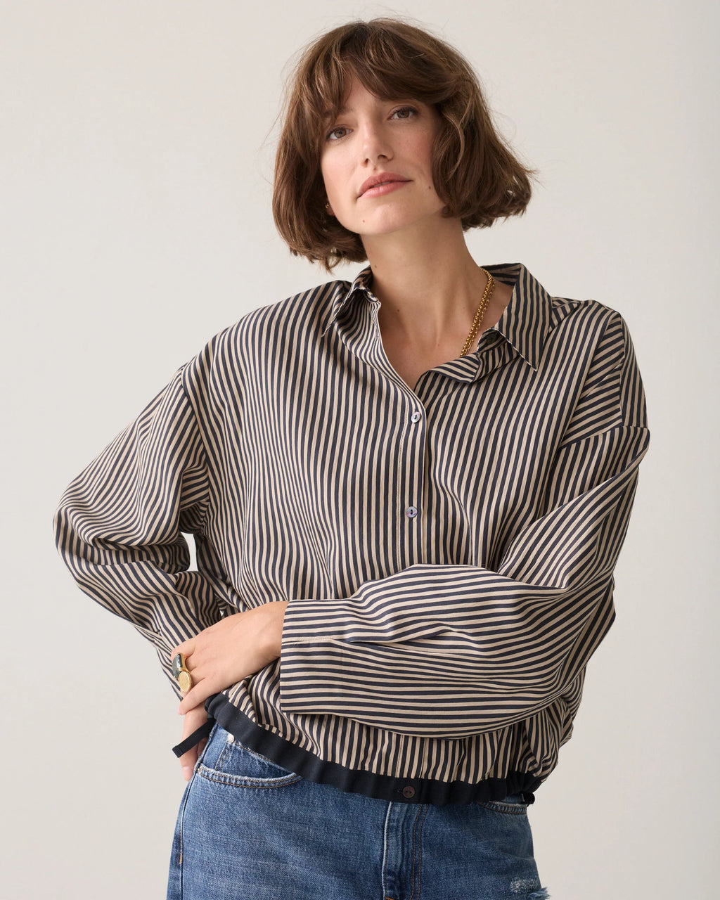 Summum Woman Striped Blouse with Drawstring in Midnight Blue
