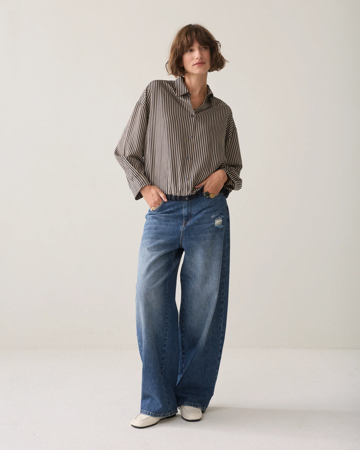 Summum Woman Striped Blouse with Drawstring in Midnight Blue