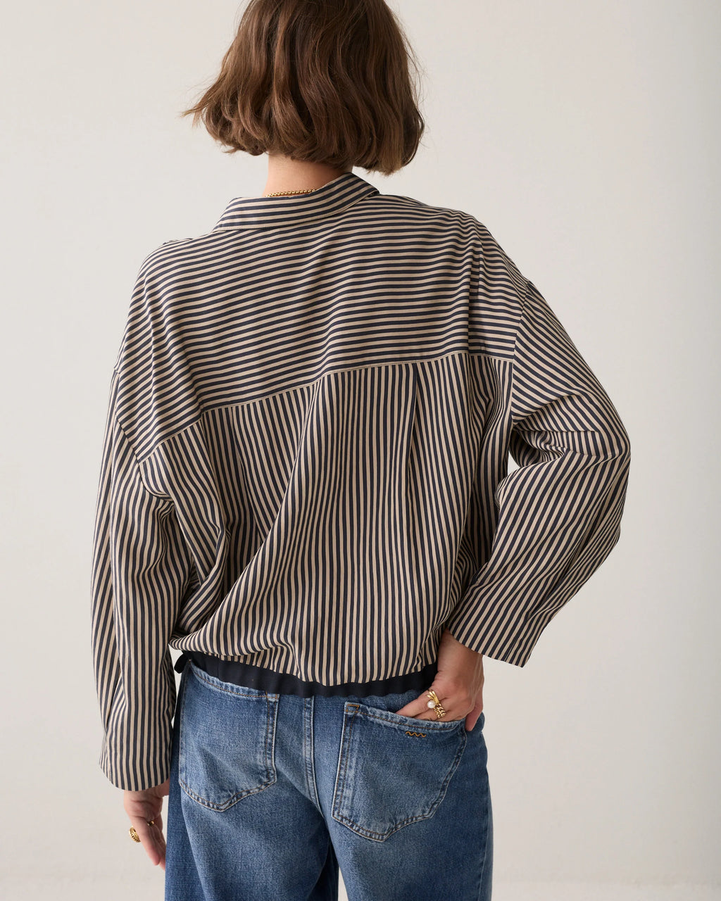 Summum Woman Striped Blouse with Drawstring in Midnight Blue