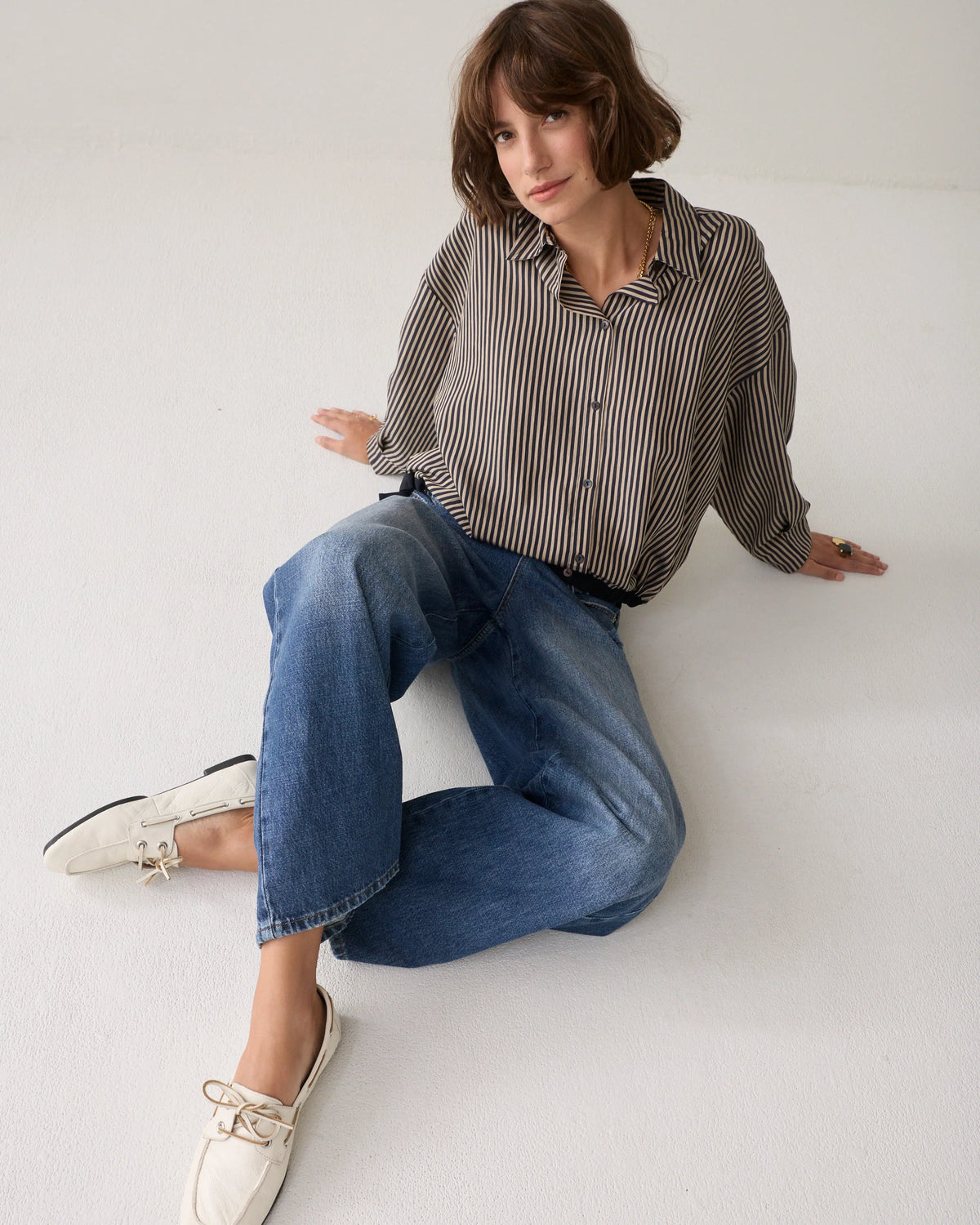 Summum Woman Striped Blouse with Drawstring in Midnight Blue