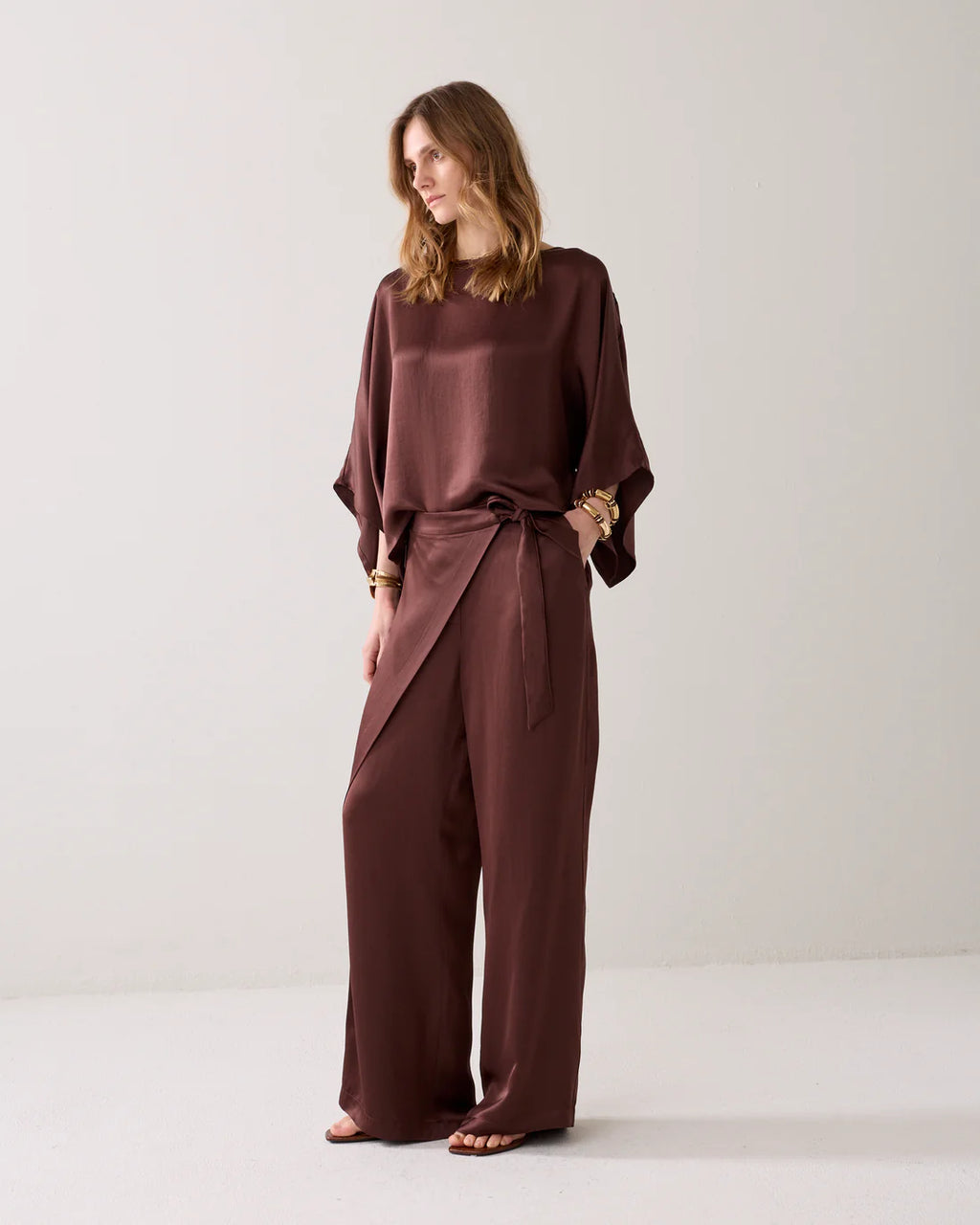 Summum Woman Silk Touch Wide Leg Trousers in Coffee - 4s2943-12084