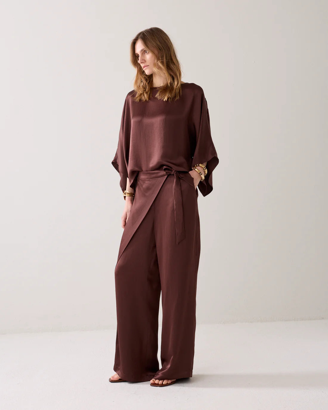 Summum Woman Silk Touch Wide Leg Trousers in Coffee - 4s2943-12084