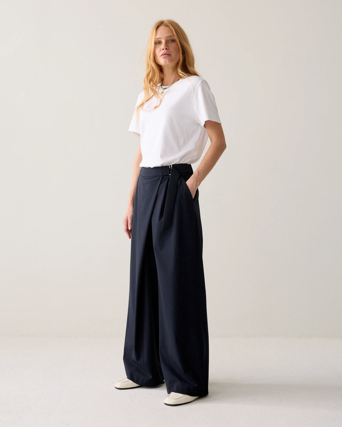 Summum Woman Pinstripe Wrap-Around Trousers in Midnight Blue