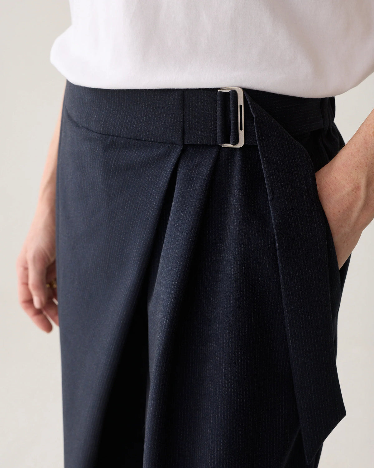 Summum Woman Pinstripe Wrap-Around Trousers in Midnight Blue