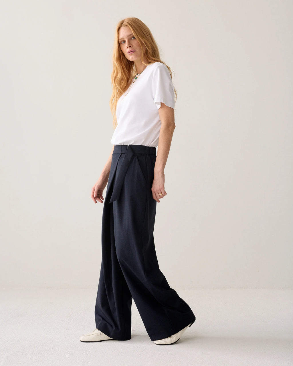 Summum Woman Pinstripe Wrap-Around Trousers in Midnight Blue