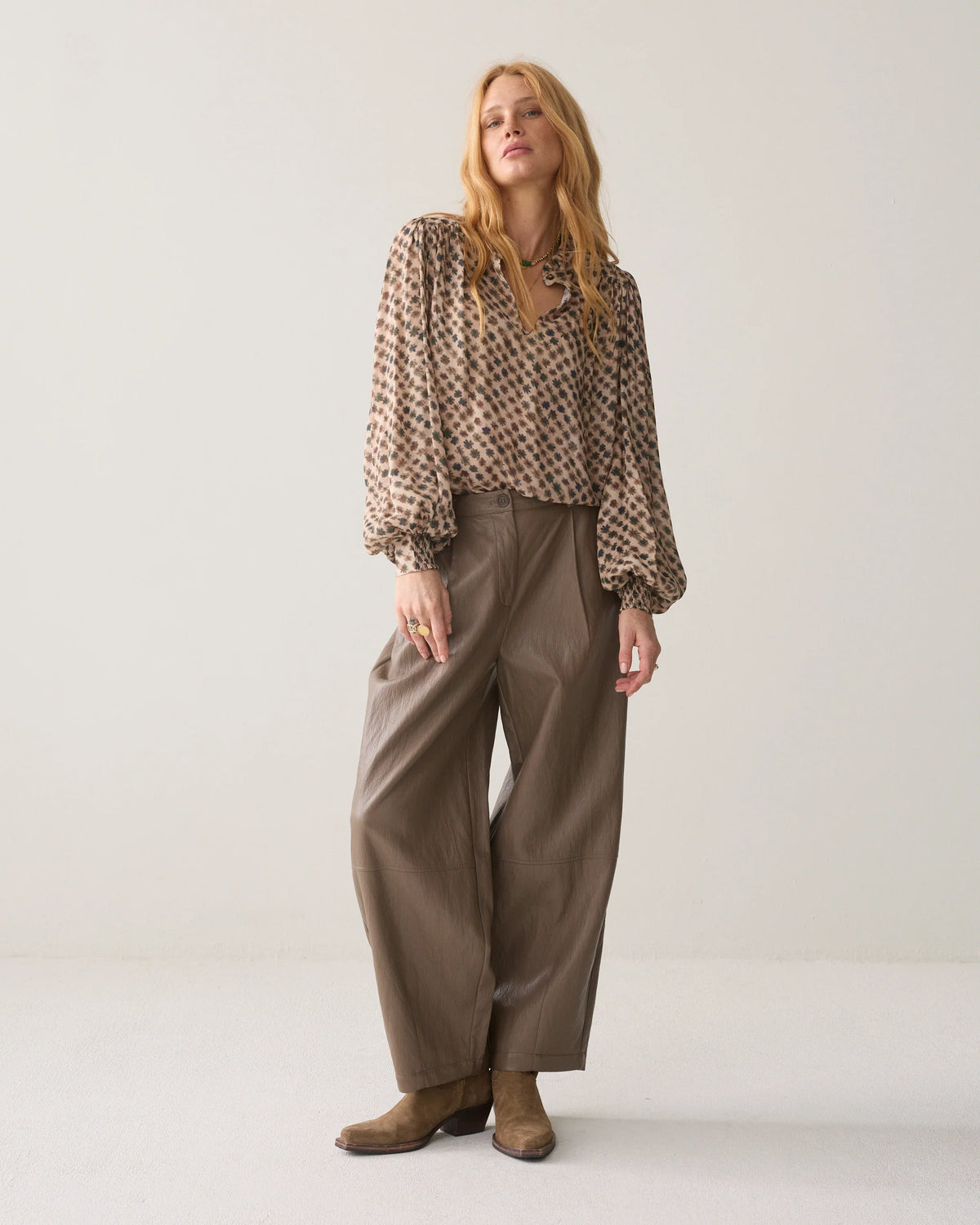 Summum Woman Wide Leg Faux Leather Trousers in Light Taupe