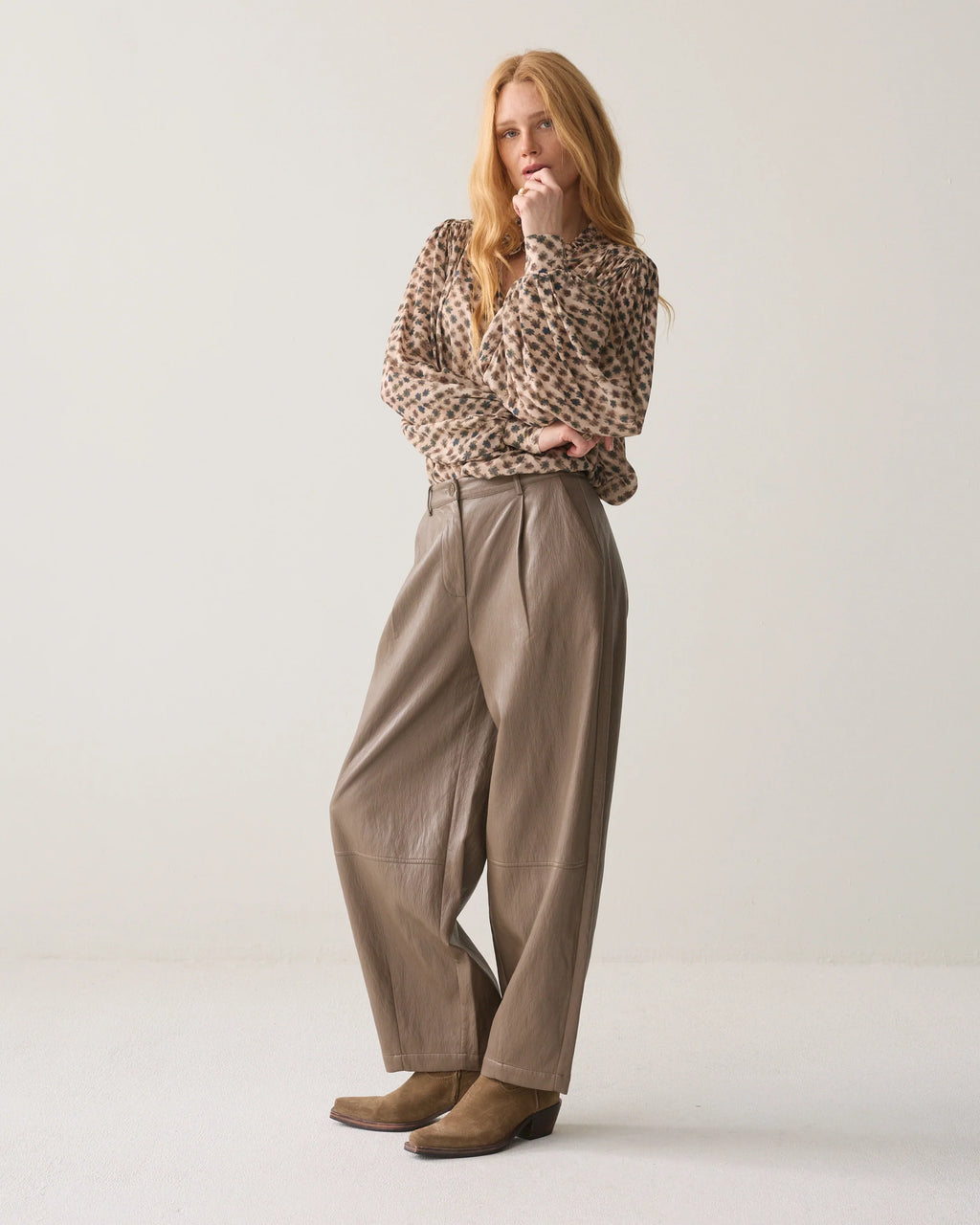 Summum Woman Wide Leg Faux Leather Trousers in Light Taupe