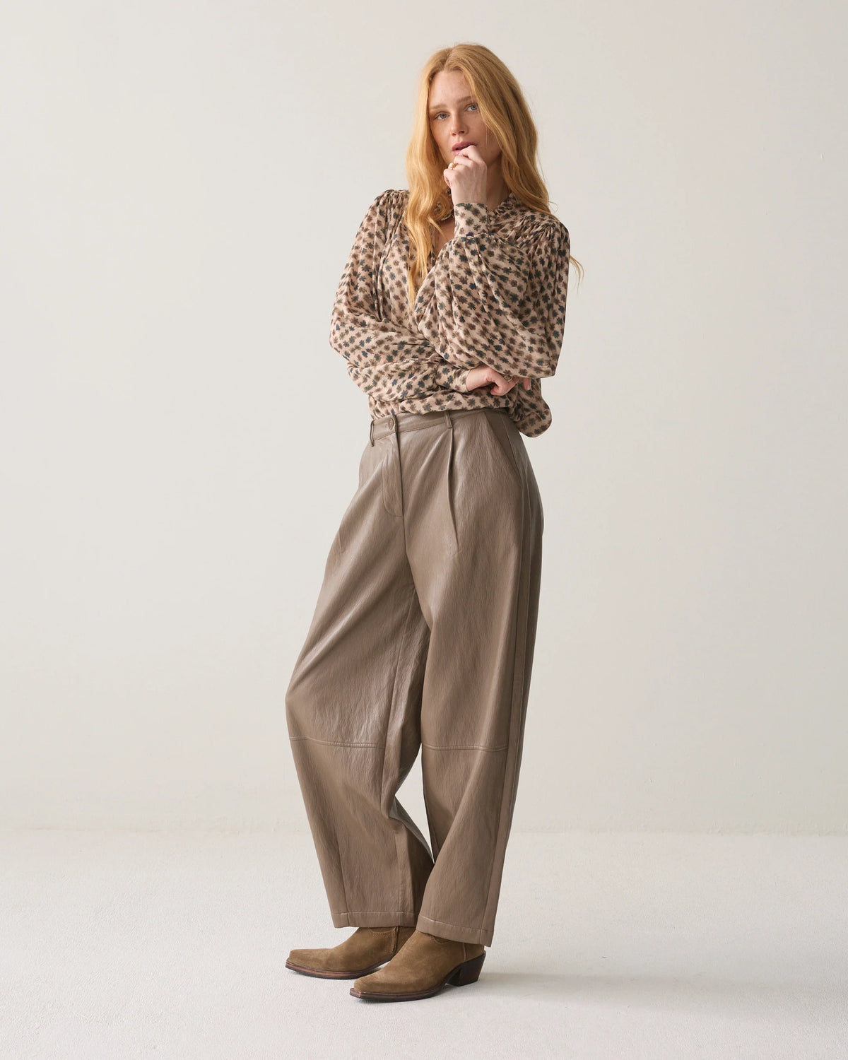 Summum Woman Wide Leg Faux Leather Trousers in Light Taupe