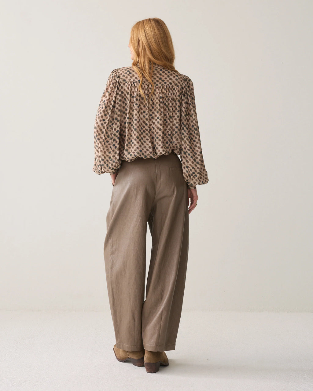 Summum Woman Wide Leg Faux Leather Trousers in Light Taupe