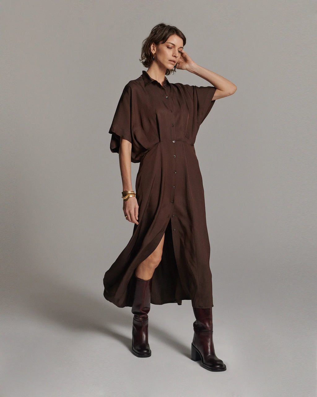Summum Woman Button Down Twill dress in Dark Chocolate