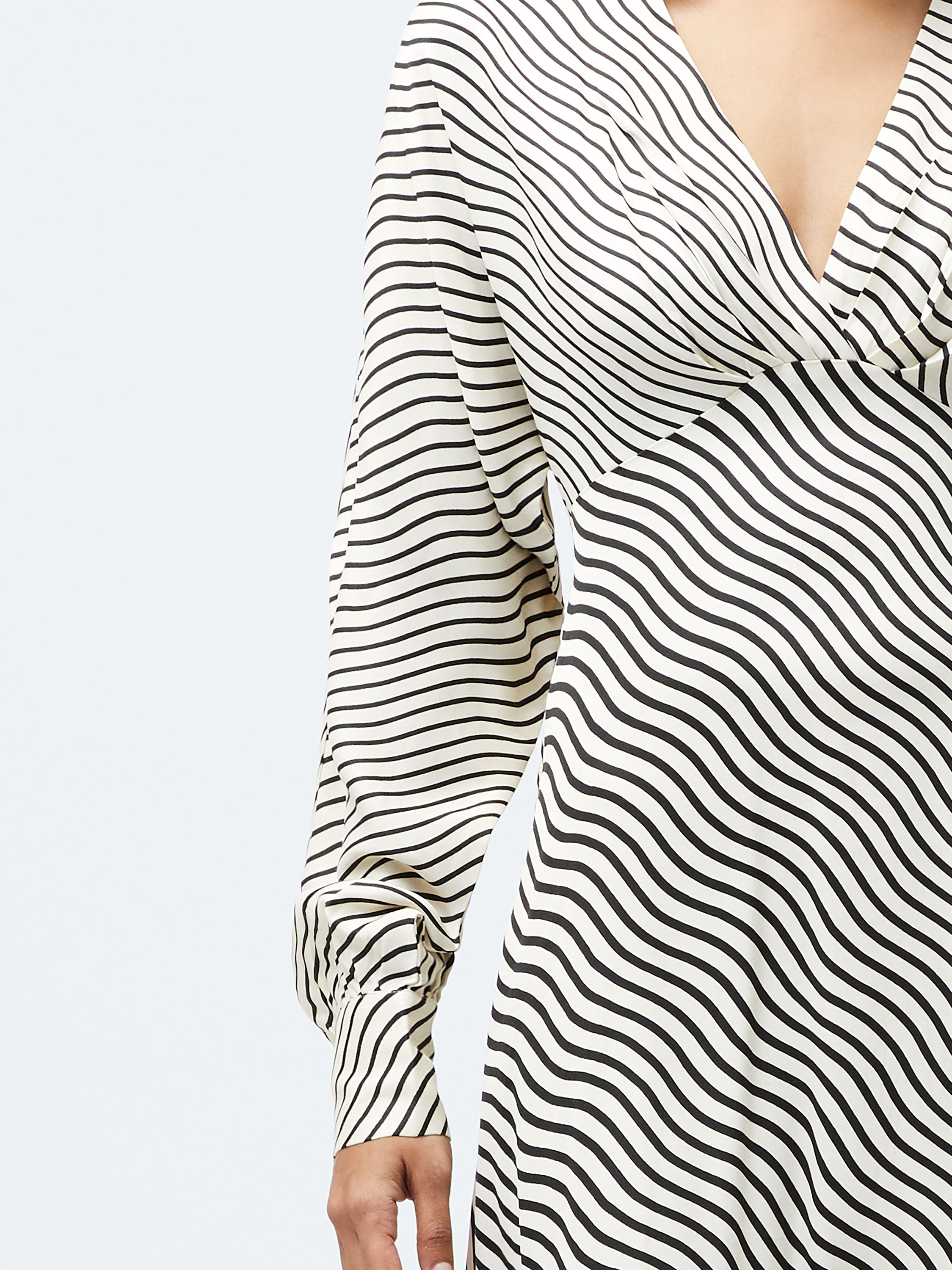 French Connection Candice Satin Stripe Midi Dress in Cream/Black  71YDA
