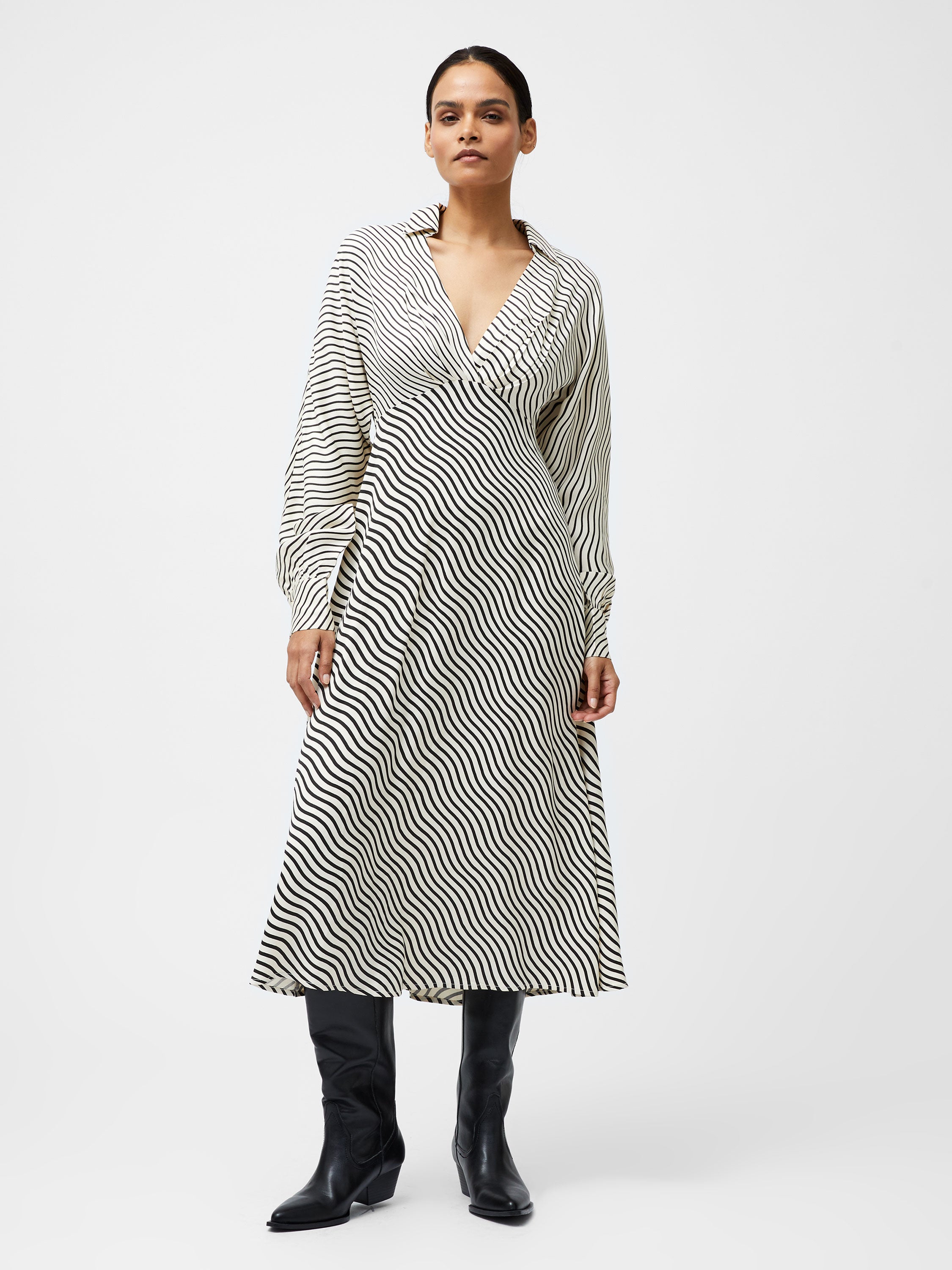 French Connection Candice Satin Stripe Midi Dress in Cream/Black  71YDA