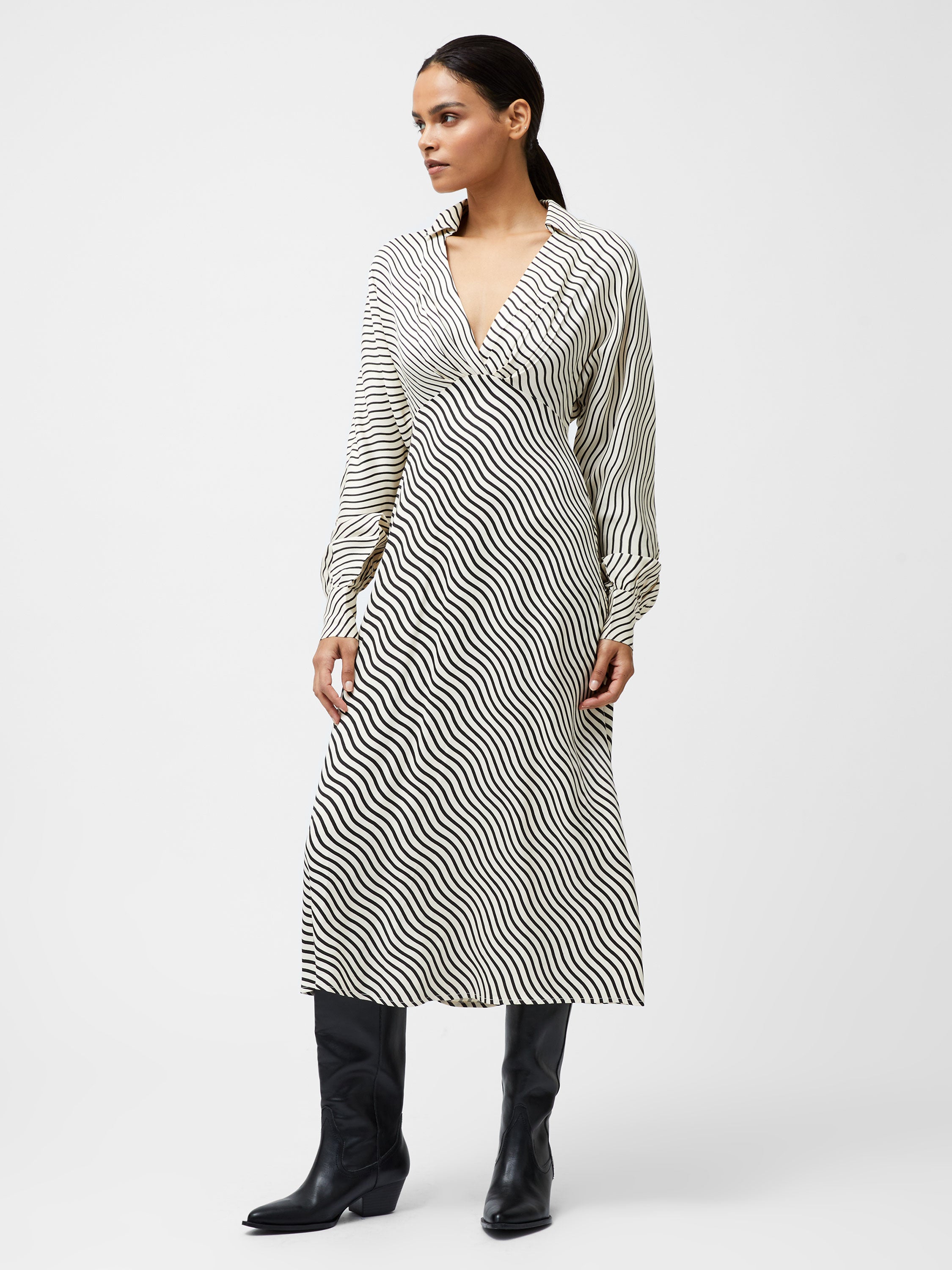 French Connection Candice Satin Stripe Midi Dress in Cream/Black  71YDA