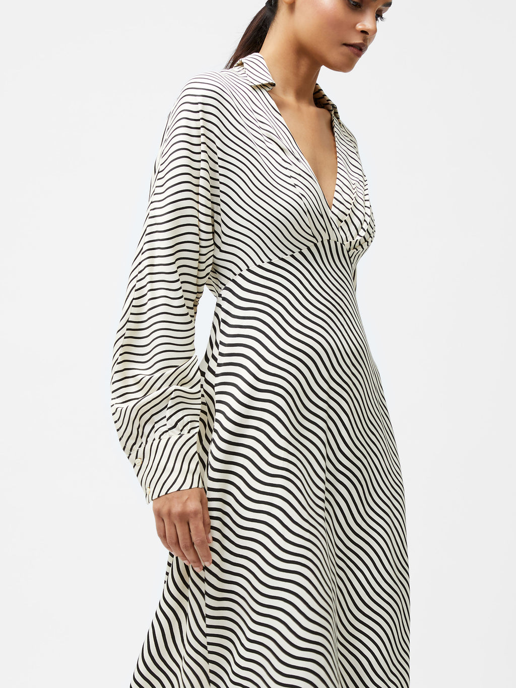 French Connection Candice Satin Stripe Midi Dress in Cream/Black  71YDA