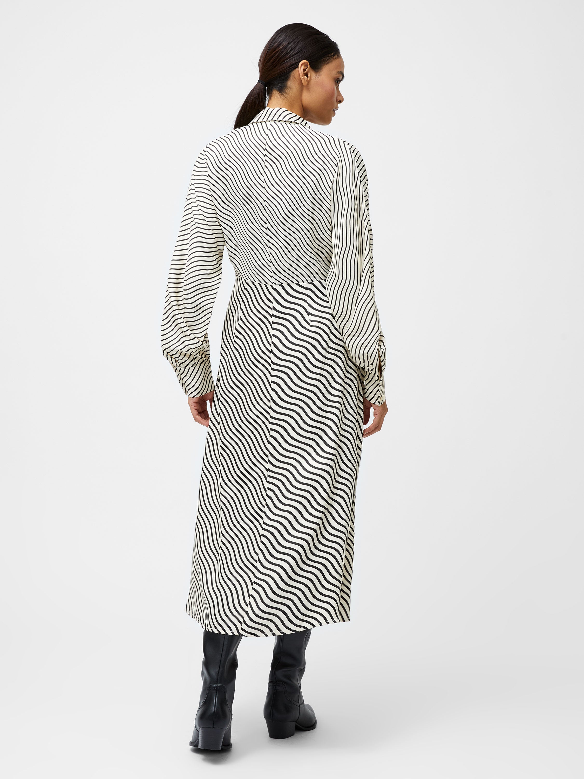 French Connection Candice Satin Stripe Midi Dress in Cream/Black  71YDA