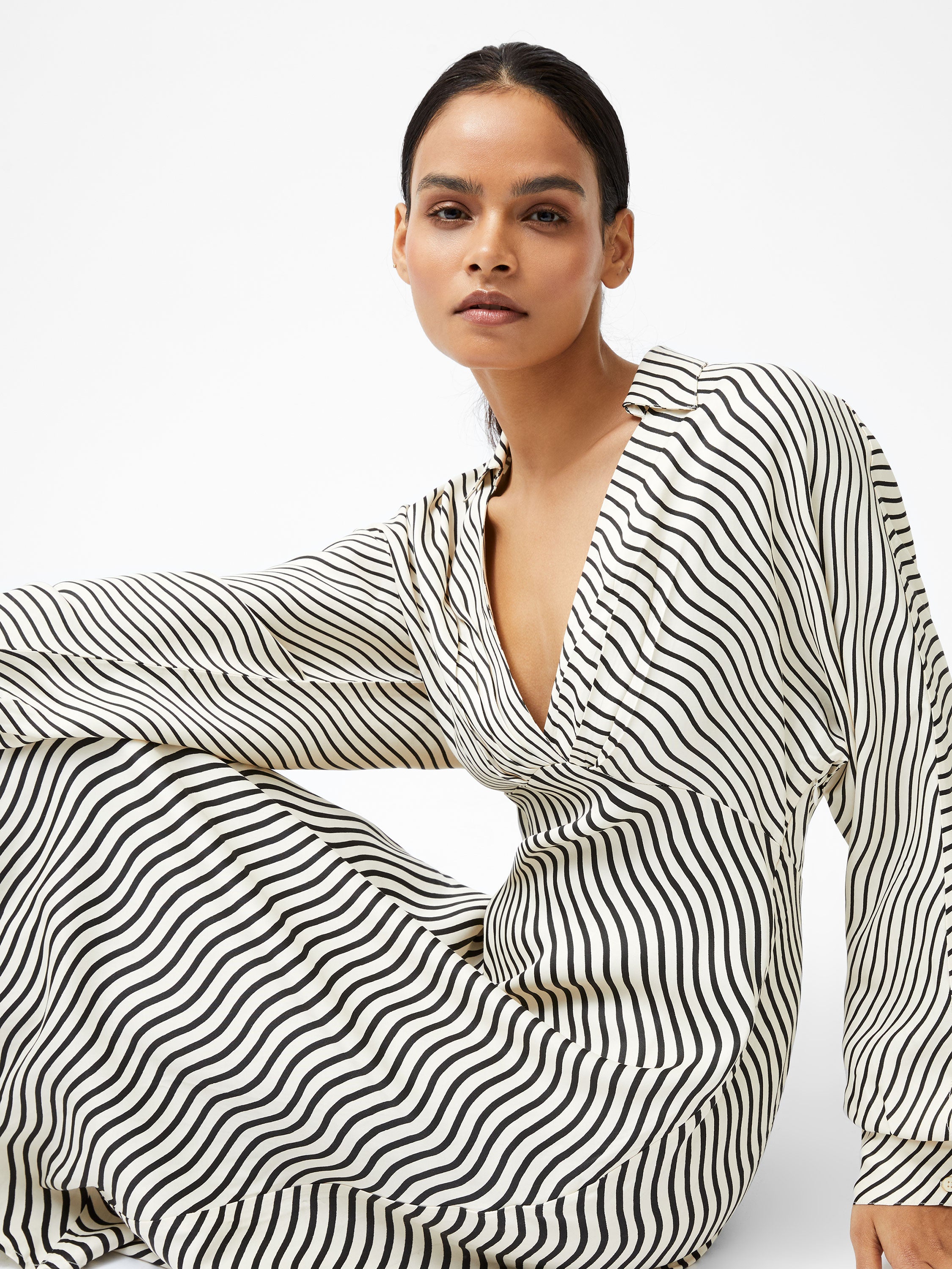 French Connection Candice Satin Stripe Midi Dress in Cream/Black  71YDA