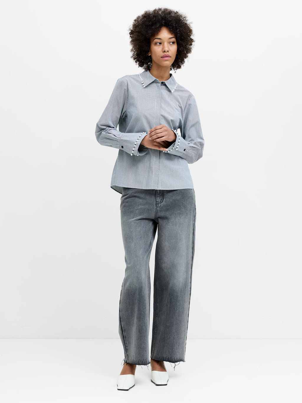 French Connection Cambria Cotton Striped Pear Trim Shirt