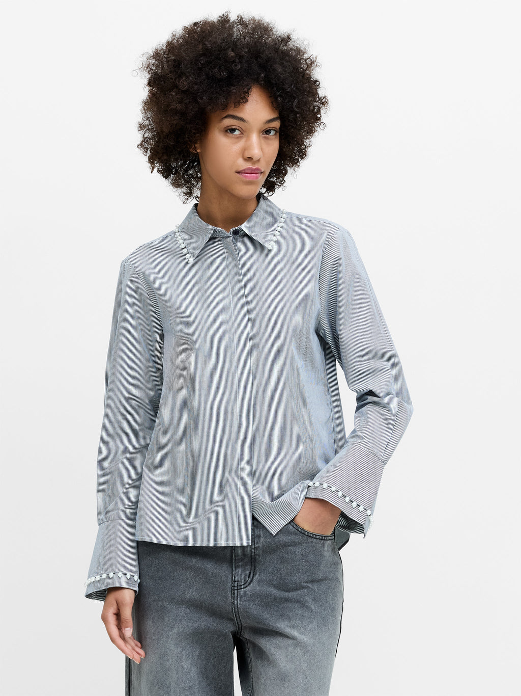 French Connection Cambria Cotton Striped Pear Trim Shirt