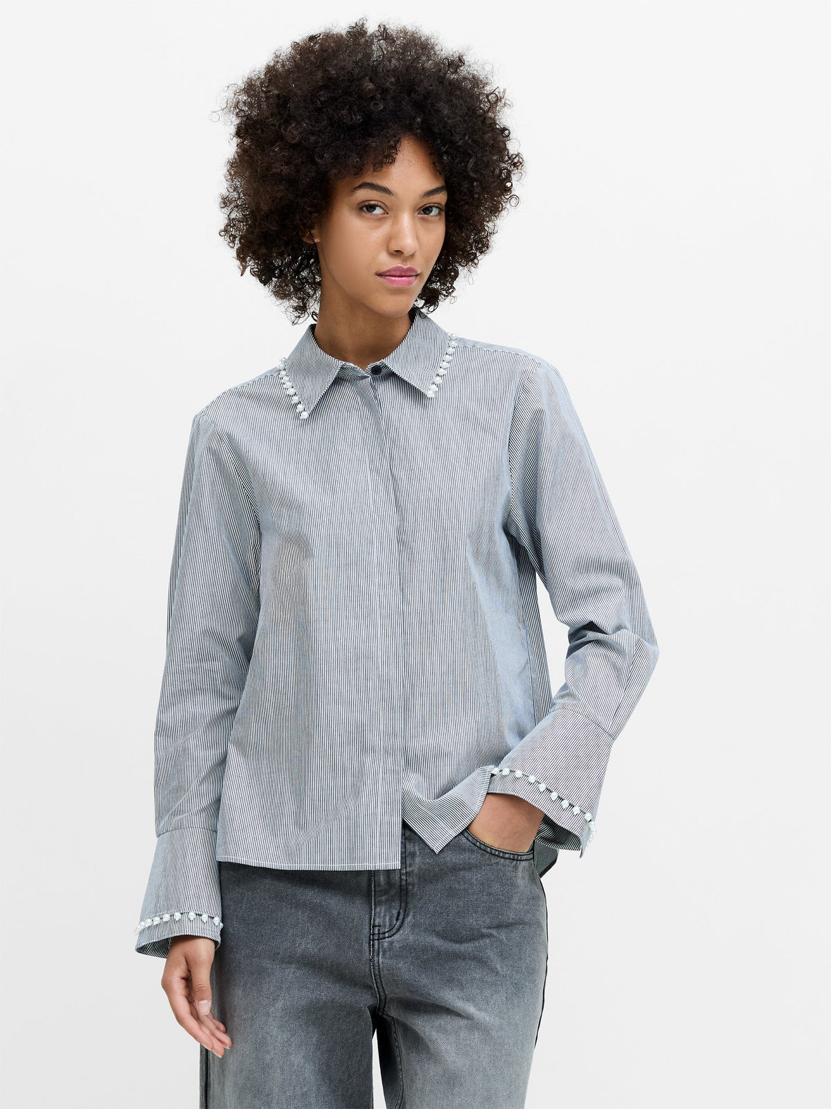 French Connection Cambria Cotton Striped Pear Trim Shirt