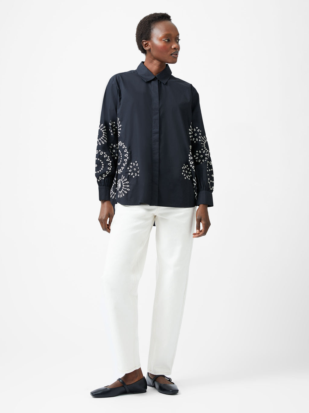 French Connection Cambria Cotton Embroidered Top in Black/Cream - 72YBH