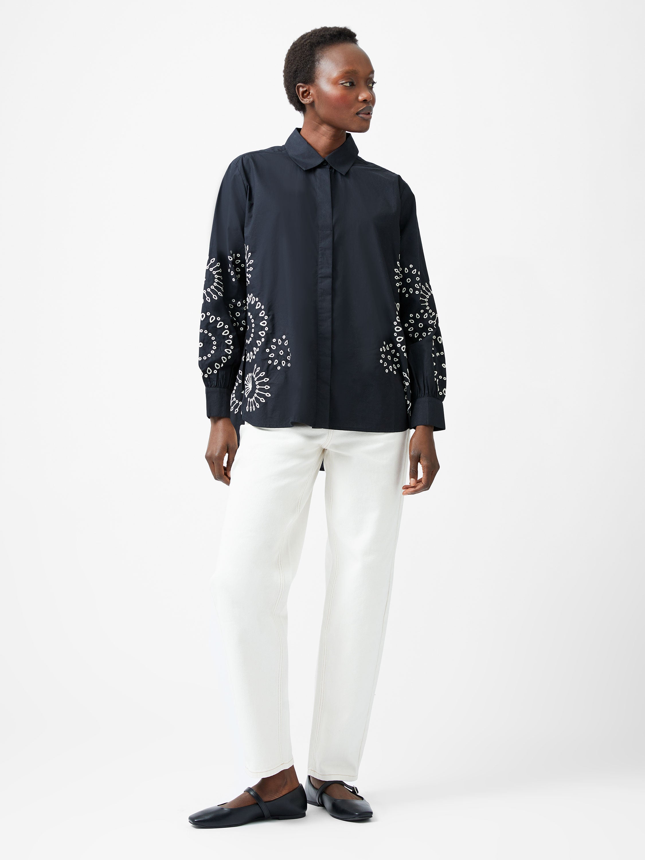 French Connection Cambria Cotton Embroidered Top in Black/Cream - 72YBH