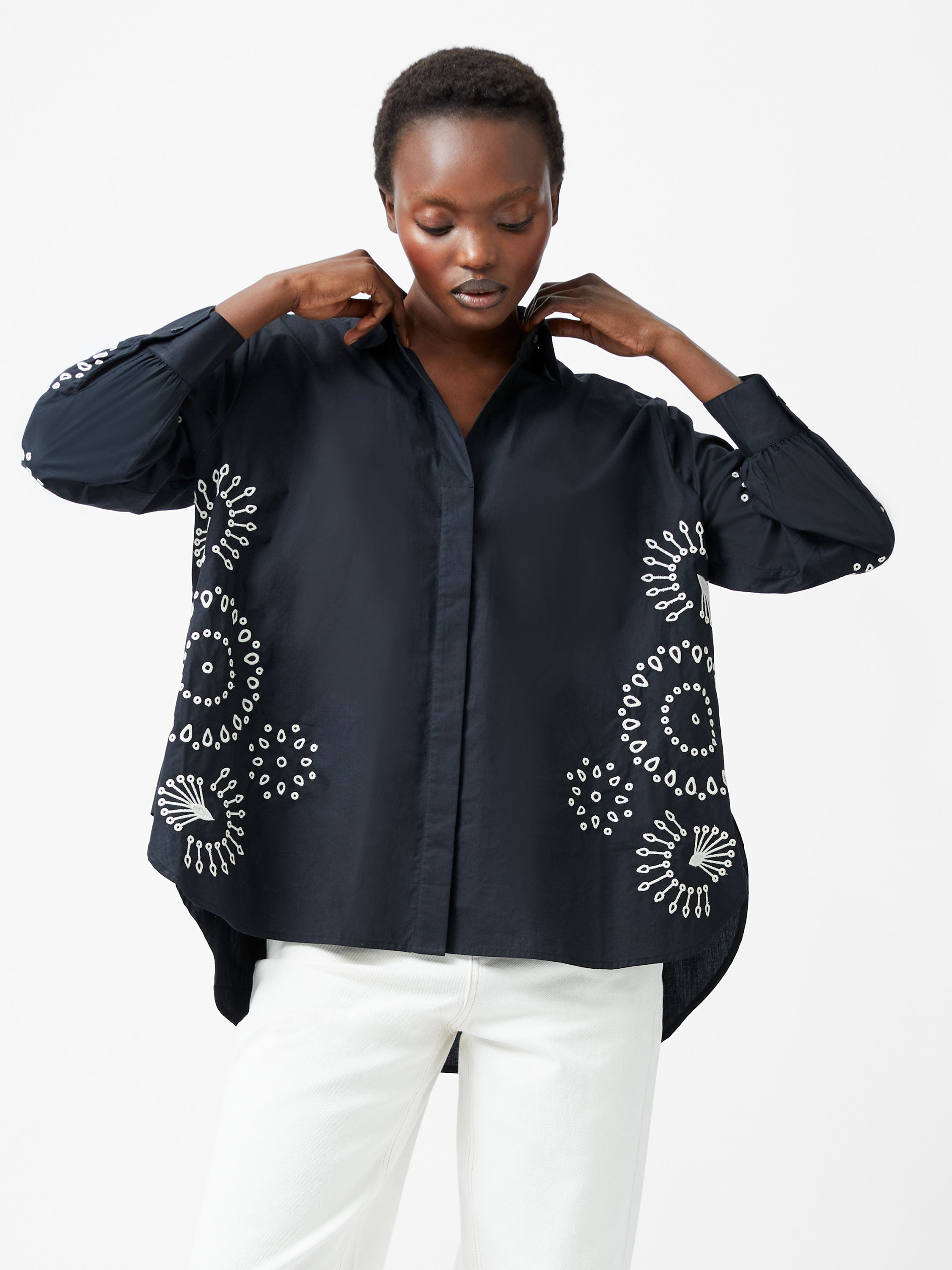 French Connection Cambria Cotton Embroidered Top in Black/Cream - 72YBH