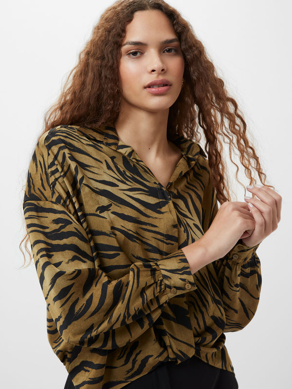 French Connection Damasco Adeline Print Tuck Shirt in Golden Khaki - 72YCT