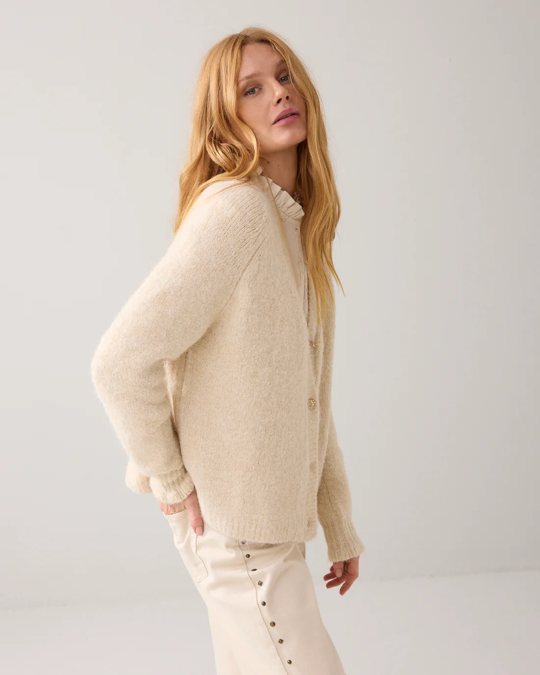 Summum Woman Cardigan Cosy Melange Lurex Knit in Ivory - 7s7938-70039