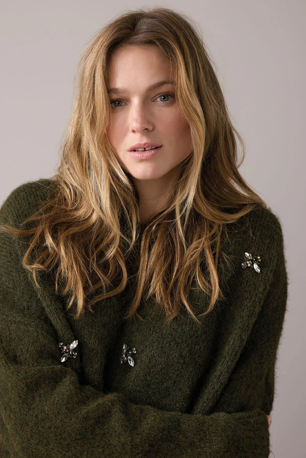 Summum Woman Embellished Sweater Cozy Melange Knit in Dark Camo - 7s7944-7997